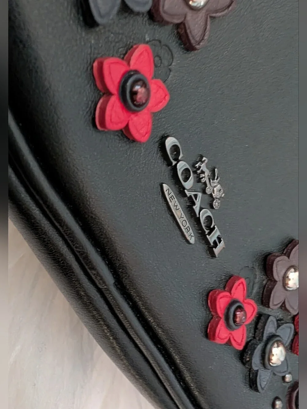Coach Black Leather Floral Appliqué Small Crossbody